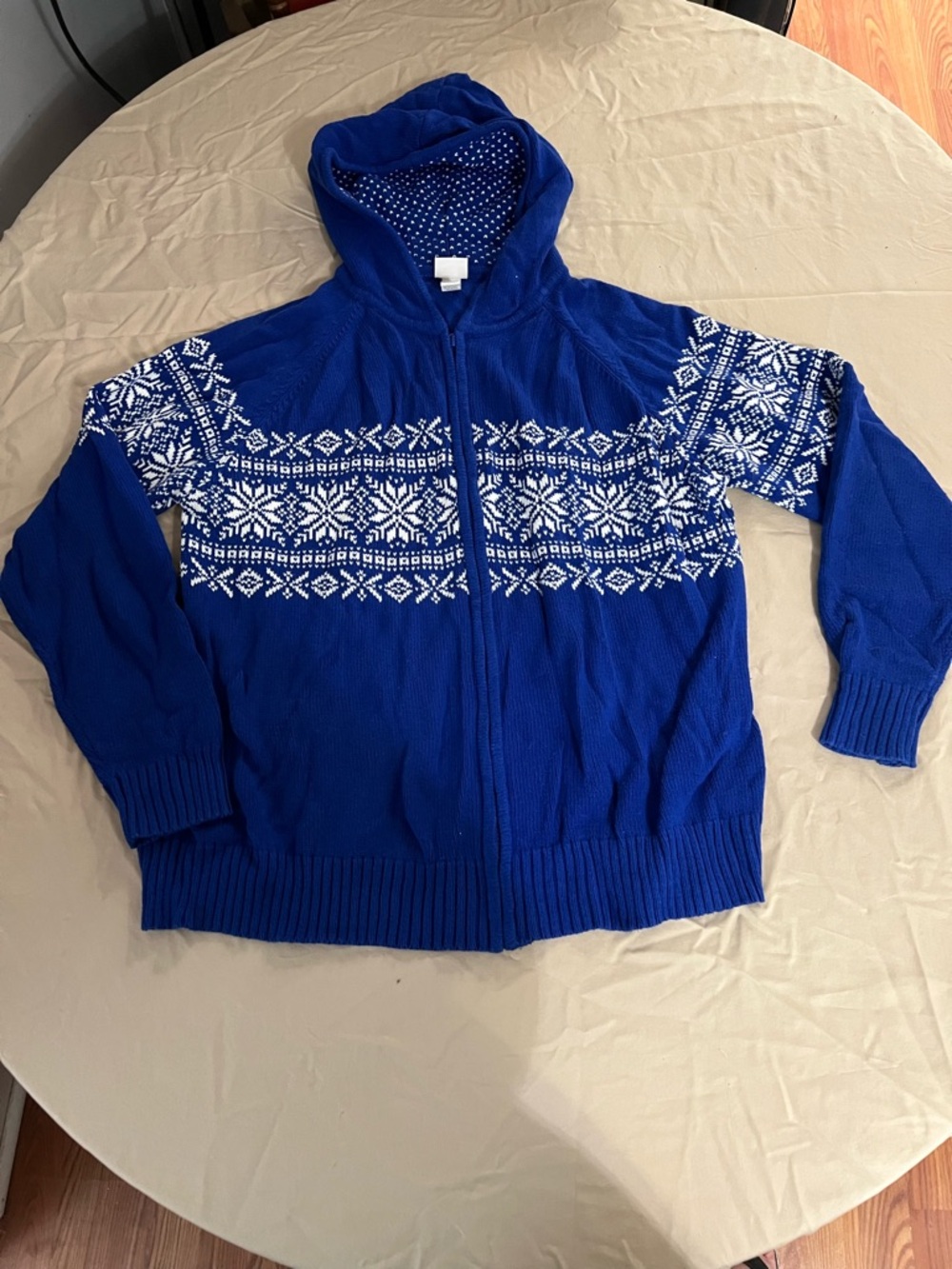 Lane Bryant Royal Blue Hooded Zip Cardigan with White Fair Isle Pattern